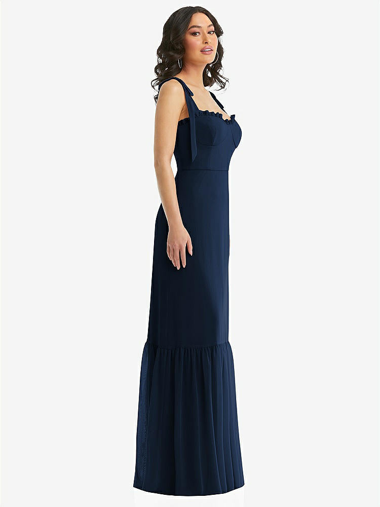 【STYLE: 1570】Tie-Shoulder Bustier Bodice Ruffle-Hem Maxi Dress【COLOR: Midnight Navy】