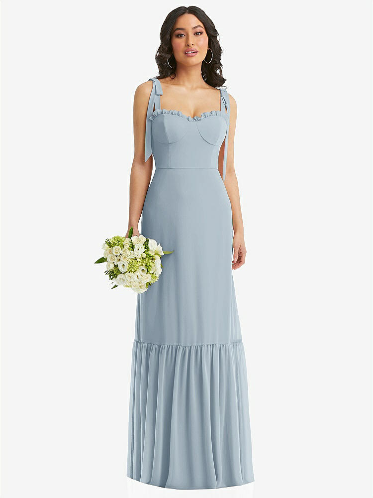 【STYLE: 1570】Tie-Shoulder Bustier Bodice Ruffle-Hem Maxi Dress【COLOR: Mist】