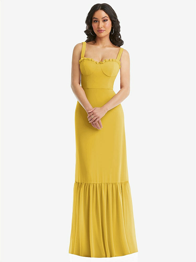 【STYLE: 1570】Tie-Shoulder Bustier Bodice Ruffle-Hem Maxi Dress【COLOR: Marigold】