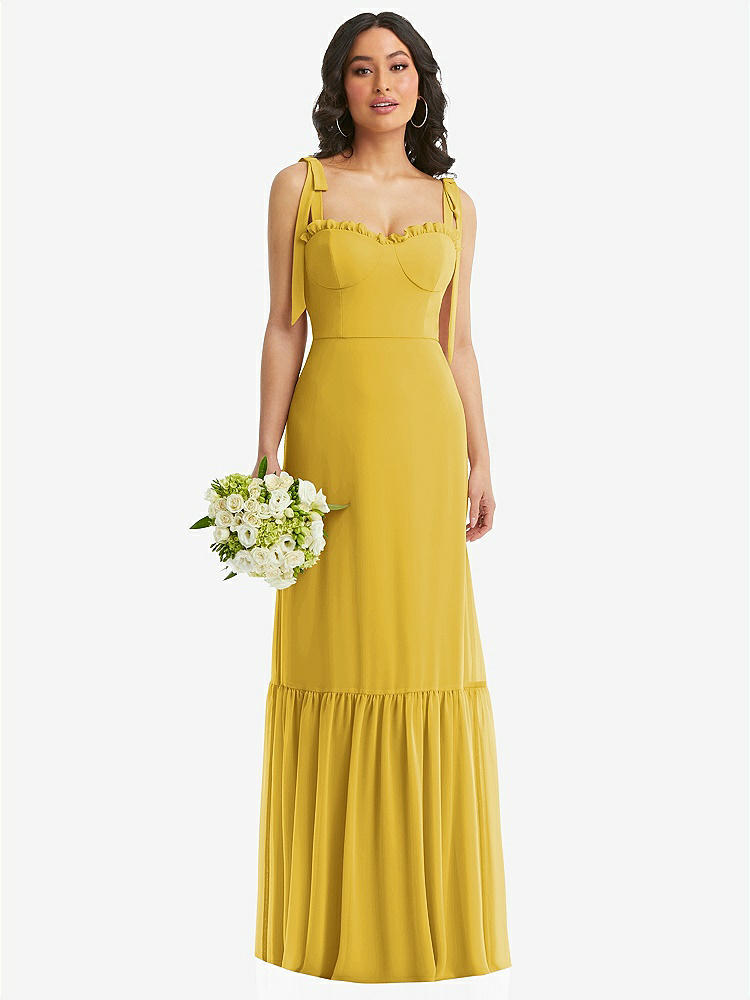 【STYLE: 1570】Tie-Shoulder Bustier Bodice Ruffle-Hem Maxi Dress【COLOR: Marigold】