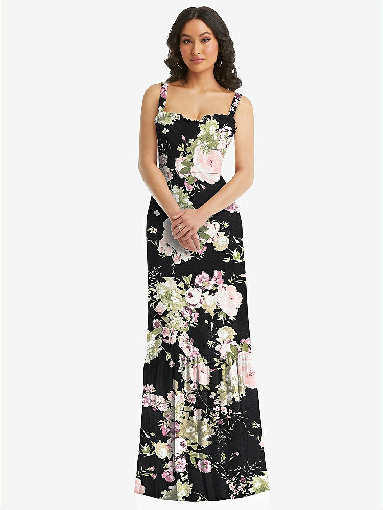 【NEW】【STYLE: 1570】タイショルダー ビュスティア ボディス フリルヘム マキシ ドレス【COLOR: Noir Garden】【SIZE: 00-30W】