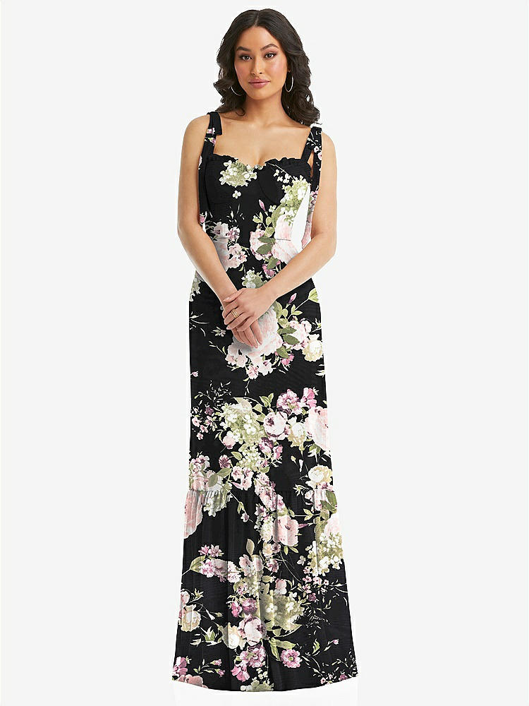 【NEW】【STYLE: 1570】タイショルダー ビュスティア ボディス フリルヘム マキシ ドレス【COLOR: Noir Garden】【SIZE: 00-30W】