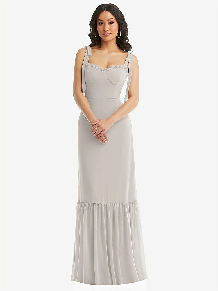 【STYLE: 1570】Tie-Shoulder Bustier Bodice Ruffle-Hem Maxi Dress【COLOR: Oyster】