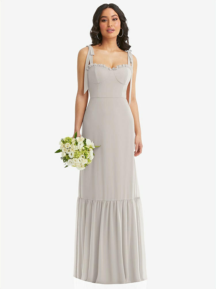 【STYLE: 1570】Tie-Shoulder Bustier Bodice Ruffle-Hem Maxi Dress【COLOR: Oyster】