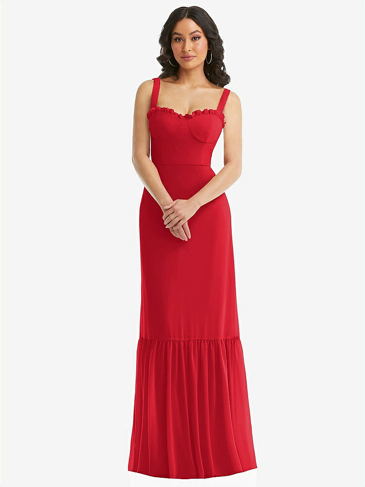 【STYLE: 1570】Tie-Shoulder Bustier Bodice Ruffle-Hem Maxi Dress【COLOR: Parisian Red】