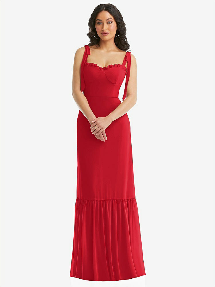【STYLE: 1570】Tie-Shoulder Bustier Bodice Ruffle-Hem Maxi Dress【COLOR: Parisian Red】