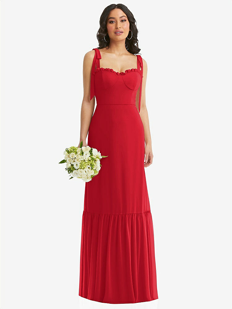 【STYLE: 1570】Tie-Shoulder Bustier Bodice Ruffle-Hem Maxi Dress【COLOR: Parisian Red】