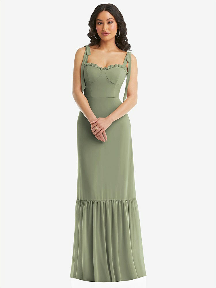 【STYLE: 1570】Tie-Shoulder Bustier Bodice Ruffle-Hem Maxi Dress【COLOR: Sage】