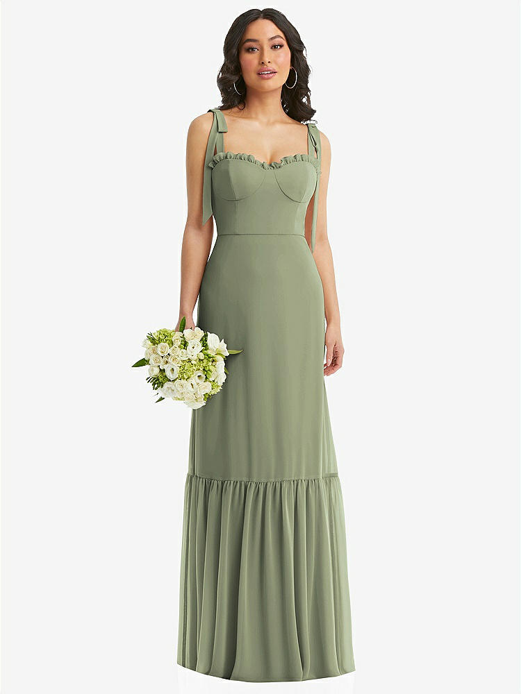 【STYLE: 1570】Tie-Shoulder Bustier Bodice Ruffle-Hem Maxi Dress【COLOR: Sage】
