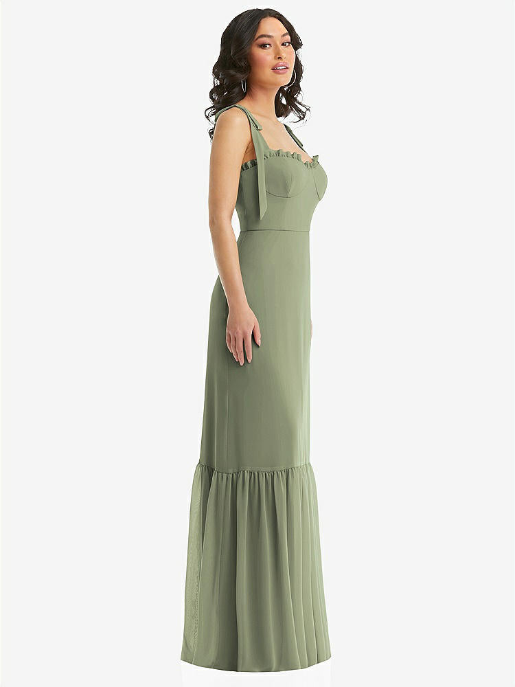 【STYLE: 1570】Tie-Shoulder Bustier Bodice Ruffle-Hem Maxi Dress【COLOR: Sage】