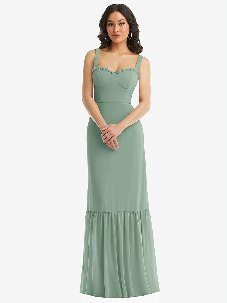 【STYLE: 1570】Tie-Shoulder Bustier Bodice Ruffle-Hem Maxi Dress【COLOR: Seagrass】