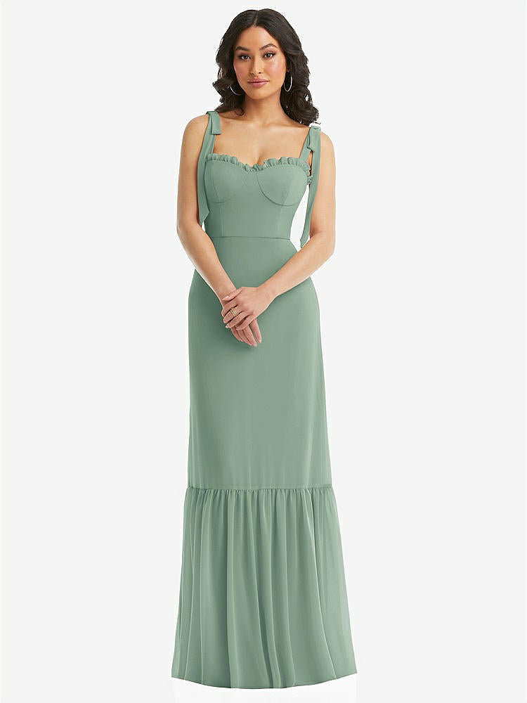 【STYLE: 1570】Tie-Shoulder Bustier Bodice Ruffle-Hem Maxi Dress【COLOR: Seagrass】