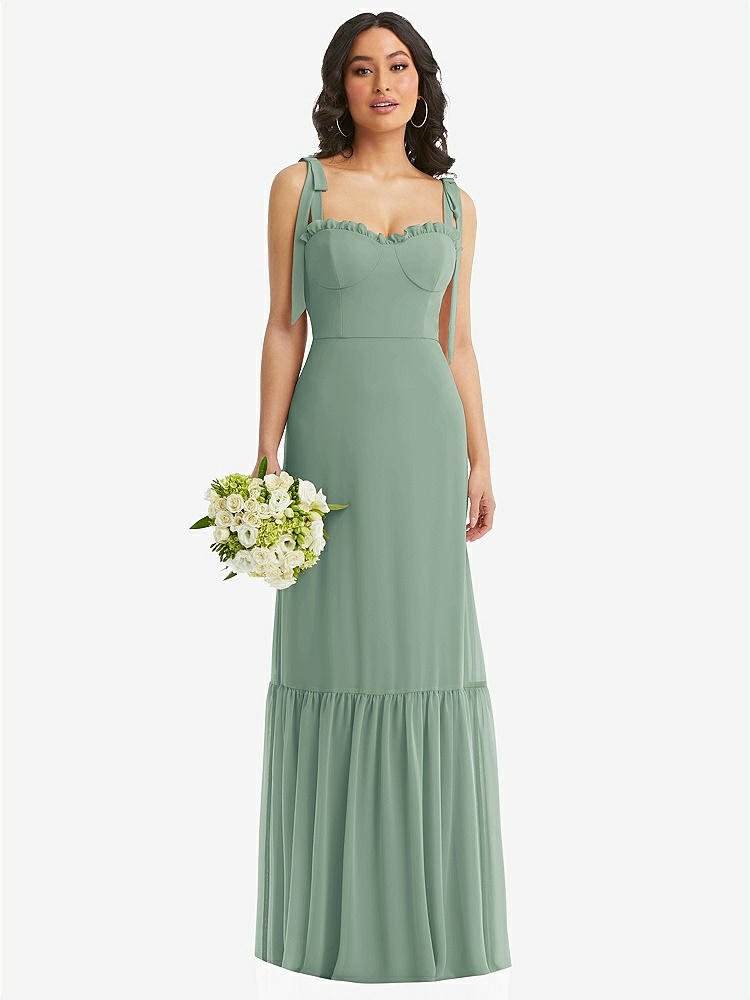 【STYLE: 1570】Tie-Shoulder Bustier Bodice Ruffle-Hem Maxi Dress【COLOR: Seagrass】