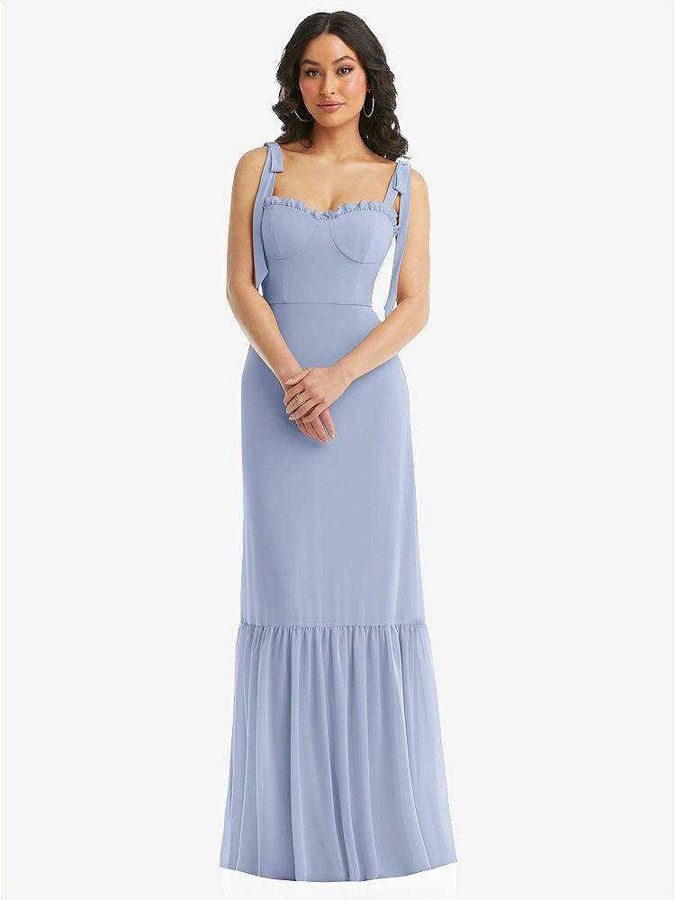 【STYLE: 1570】Tie-Shoulder Bustier Bodice Ruffle-Hem Maxi Dress【COLOR: Sky Blue】