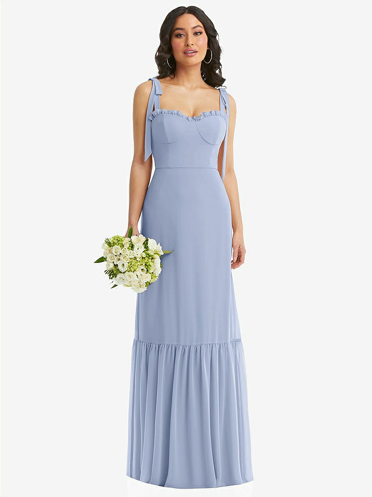 【STYLE: 1570】Tie-Shoulder Bustier Bodice Ruffle-Hem Maxi Dress【COLOR: Sky Blue】
