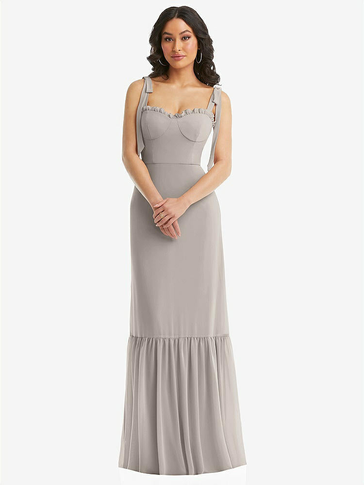 【STYLE: 1570】Tie-Shoulder Bustier Bodice Ruffle-Hem Maxi Dress【COLOR: Taupe】