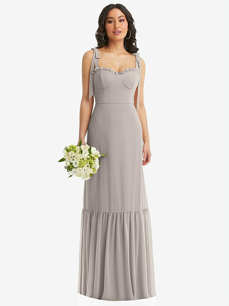 【STYLE: 1570】Tie-Shoulder Bustier Bodice Ruffle-Hem Maxi Dress【COLOR: Taupe】