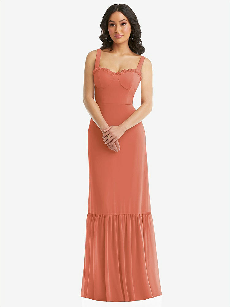 【STYLE: 1570】Tie-Shoulder Bustier Bodice Ruffle-Hem Maxi Dress【COLOR: Terracotta Copper】