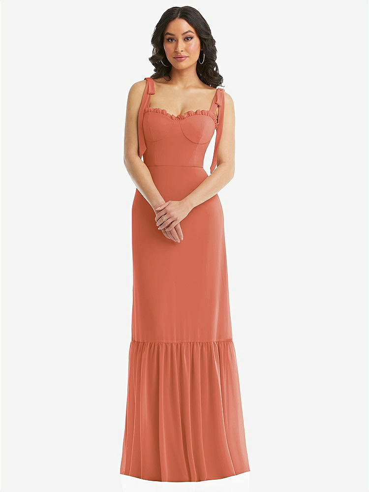 【STYLE: 1570】Tie-Shoulder Bustier Bodice Ruffle-Hem Maxi Dress【COLOR: Terracotta Copper】