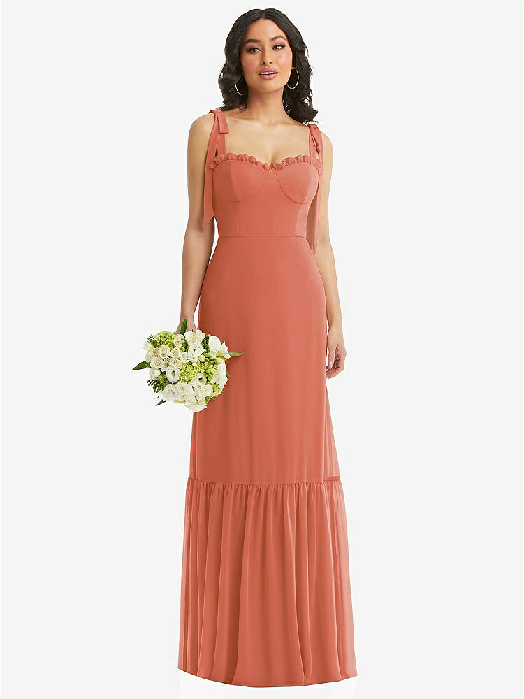 【STYLE: 1570】Tie-Shoulder Bustier Bodice Ruffle-Hem Maxi Dress【COLOR: Terracotta Copper】