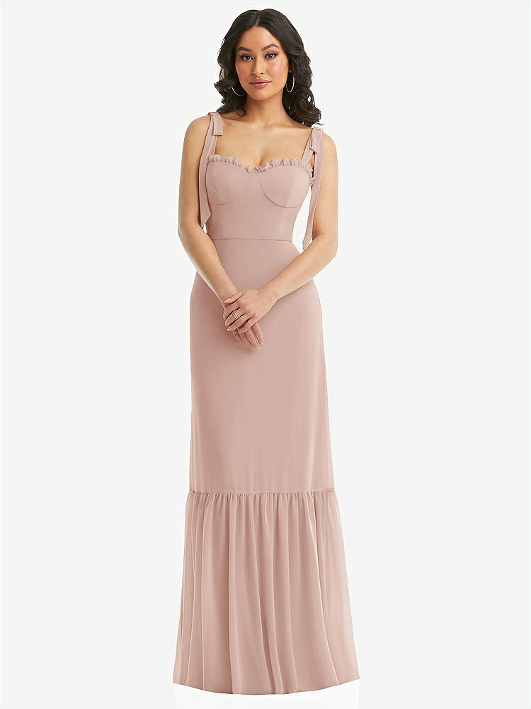 【STYLE: 1570】Tie-Shoulder Bustier Bodice Ruffle-Hem Maxi Dress【COLOR: Toasted Sugar】
