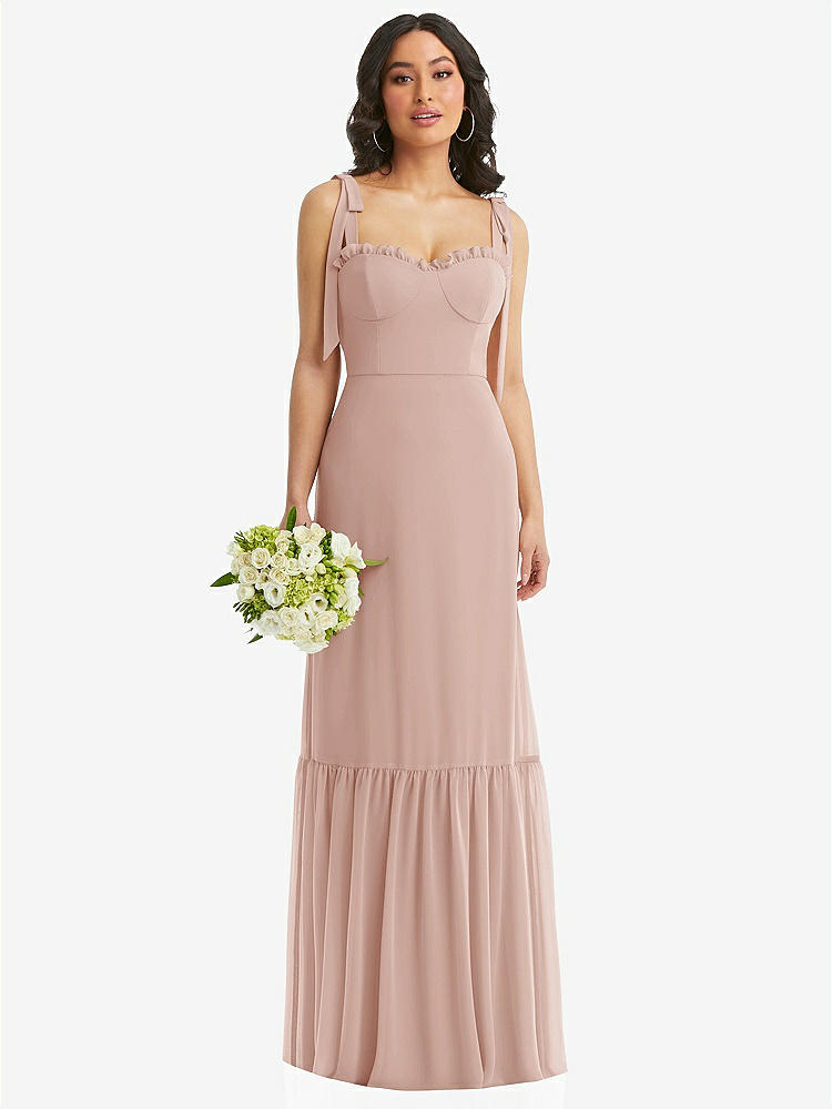 【STYLE: 1570】Tie-Shoulder Bustier Bodice Ruffle-Hem Maxi Dress【COLOR: Toasted Sugar】