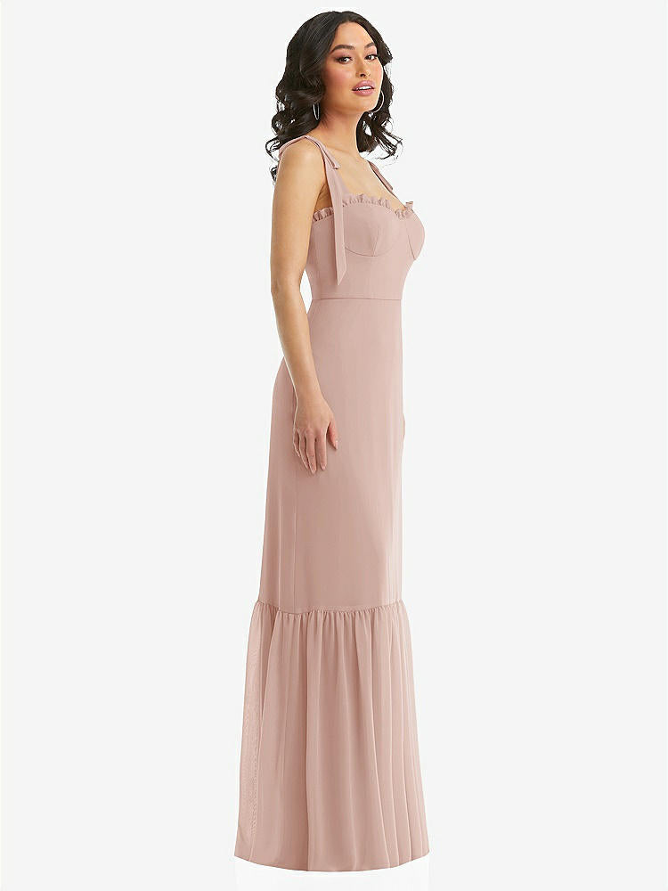【STYLE: 1570】Tie-Shoulder Bustier Bodice Ruffle-Hem Maxi Dress【COLOR: Toasted Sugar】