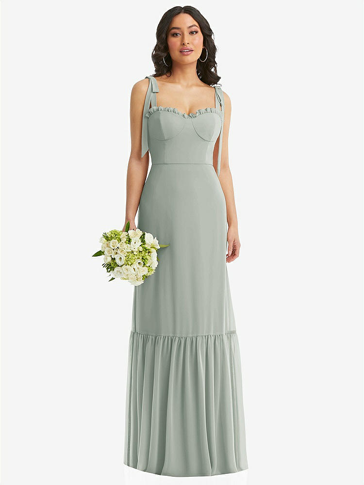【STYLE: 1570】Tie-Shoulder Bustier Bodice Ruffle-Hem Maxi Dress【COLOR: Willow Green】