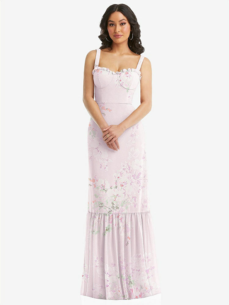 【STYLE: 1570】Tie-Shoulder Bustier Bodice Ruffle-Hem Maxi Dress【COLOR: Watercolor Print】