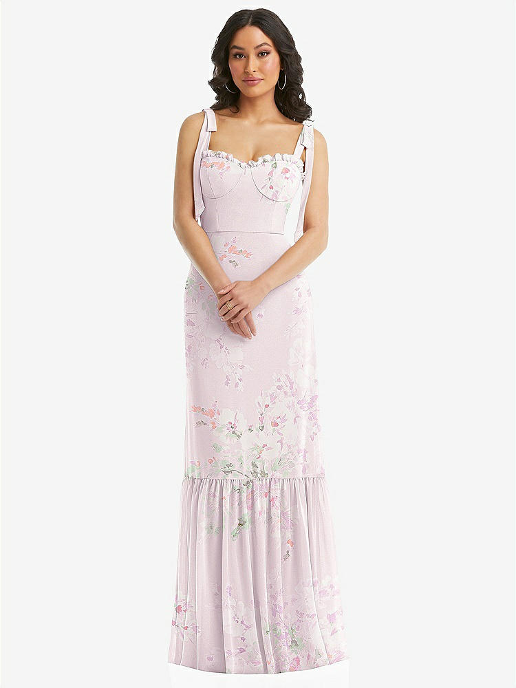 【STYLE: 1570】Tie-Shoulder Bustier Bodice Ruffle-Hem Maxi Dress【COLOR: Watercolor Print】