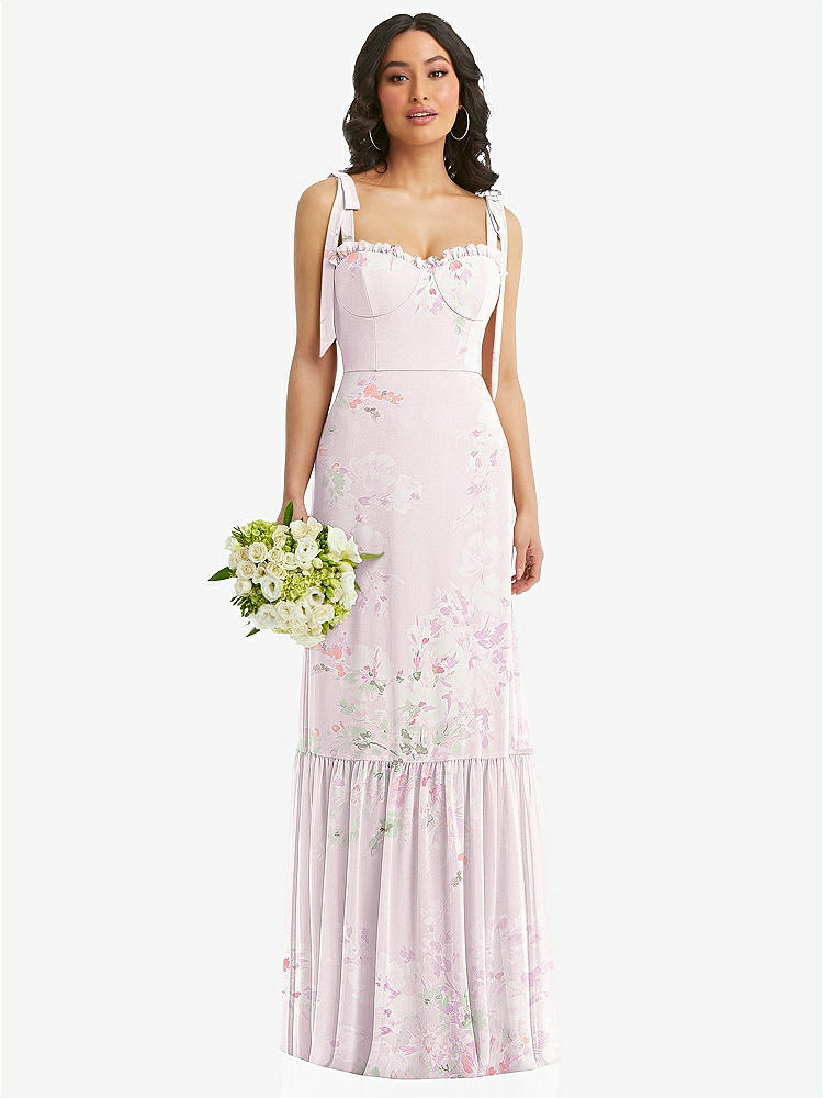 【STYLE: 1570】Tie-Shoulder Bustier Bodice Ruffle-Hem Maxi Dress【COLOR: Watercolor Print】