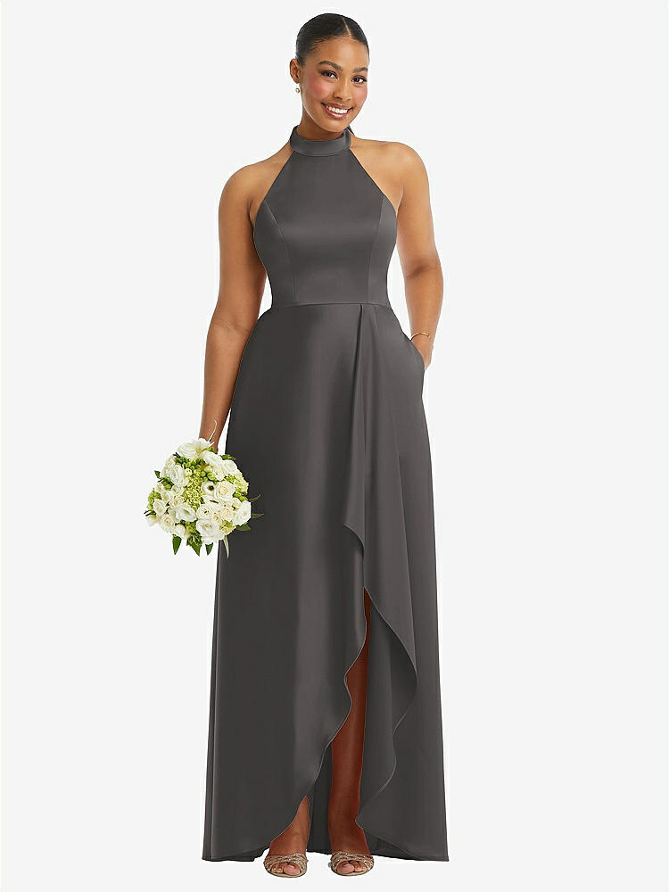 【STYLE: 3113】High-Neck Tie-Back Halter Cascading High Low Maxi Dress【COLOR: Caviar Gray】