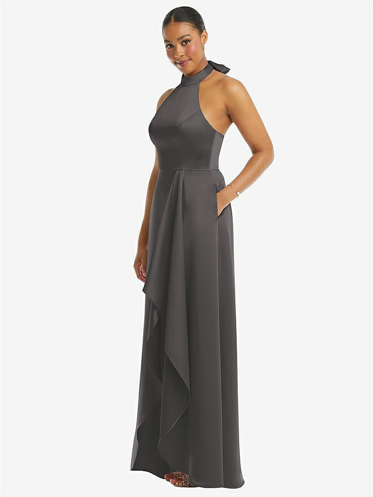 【STYLE: 3113】High-Neck Tie-Back Halter Cascading High Low Maxi Dress【COLOR: Caviar Gray】