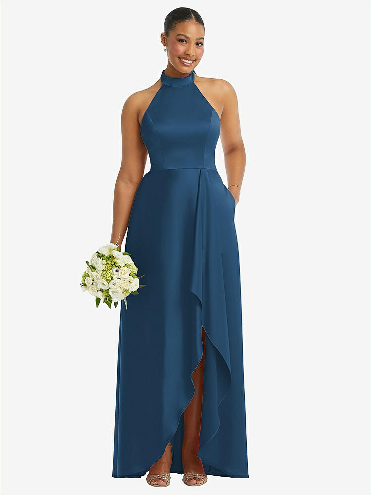 【STYLE: 3113】High-Neck Tie-Back Halter Cascading High Low Maxi Dress【COLOR: Dusk Blue】
