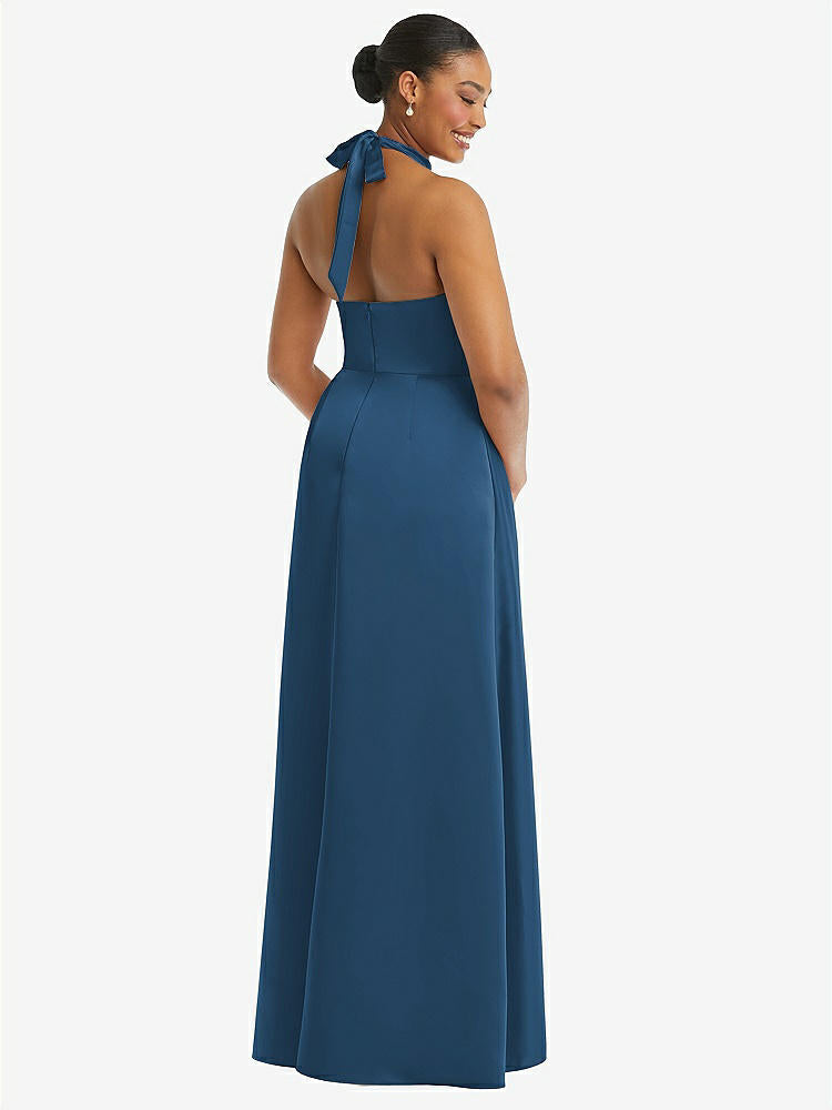 【STYLE: 3113】High-Neck Tie-Back Halter Cascading High Low Maxi Dress【COLOR: Dusk Blue】