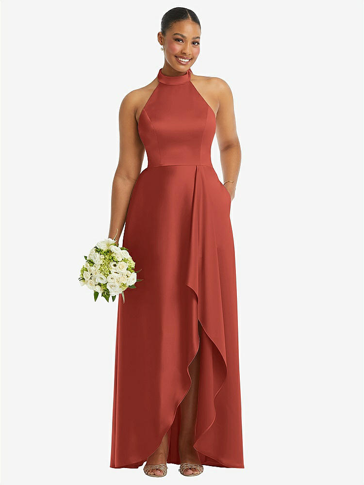 【STYLE: 3113】High-Neck Tie-Back Halter Cascading High Low Maxi Dress【COLOR: Amber Sunset】