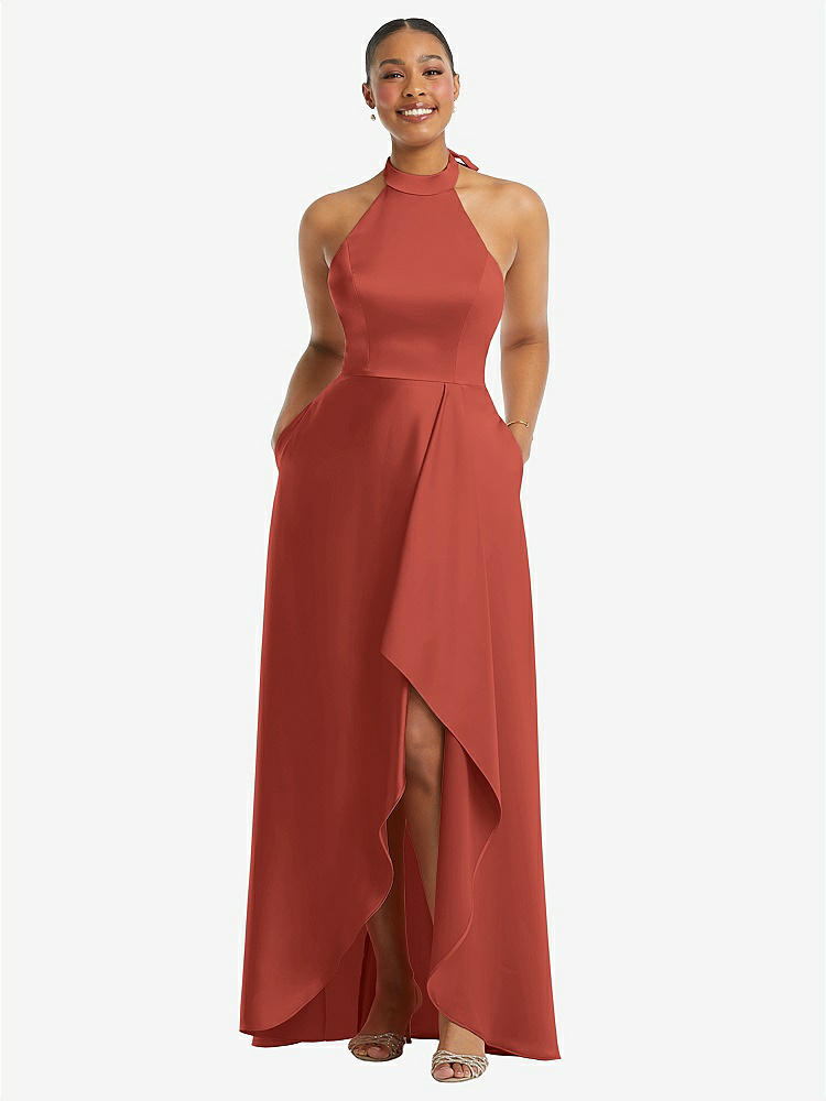 【STYLE: 3113】High-Neck Tie-Back Halter Cascading High Low Maxi Dress【COLOR: Amber Sunset】