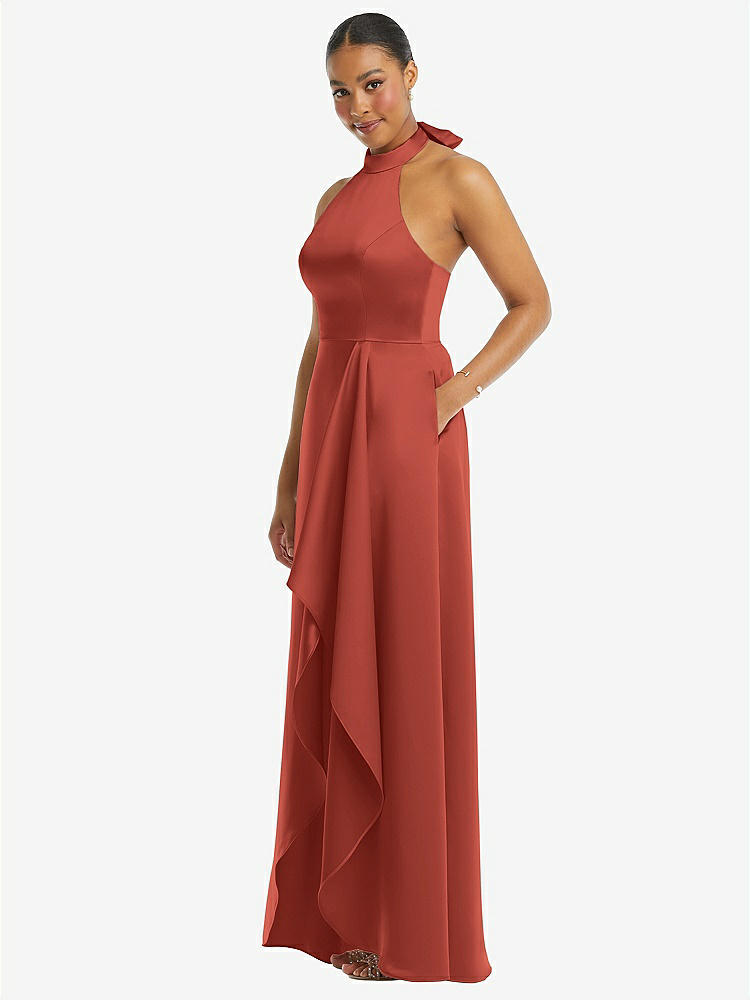 【STYLE: 3113】High-Neck Tie-Back Halter Cascading High Low Maxi Dress【COLOR: Amber Sunset】