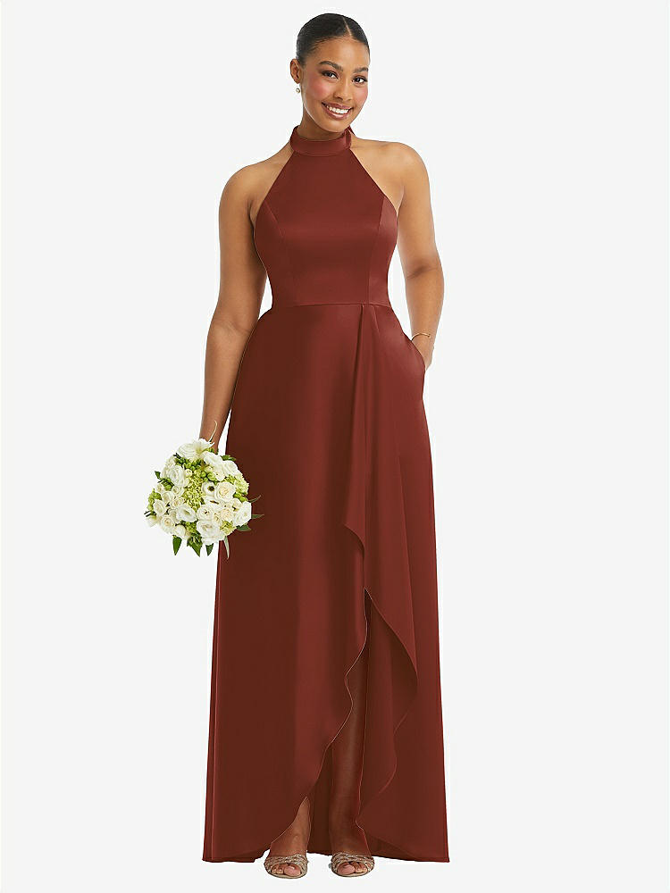 【STYLE: 3113】High-Neck Tie-Back Halter Cascading High Low Maxi Dress【COLOR: Auburn Moon】