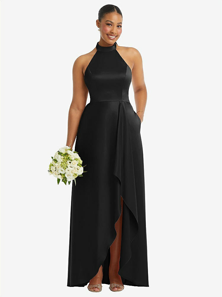 【STYLE: 3113】High-Neck Tie-Back Halter Cascading High Low Maxi Dress【COLOR: Black】