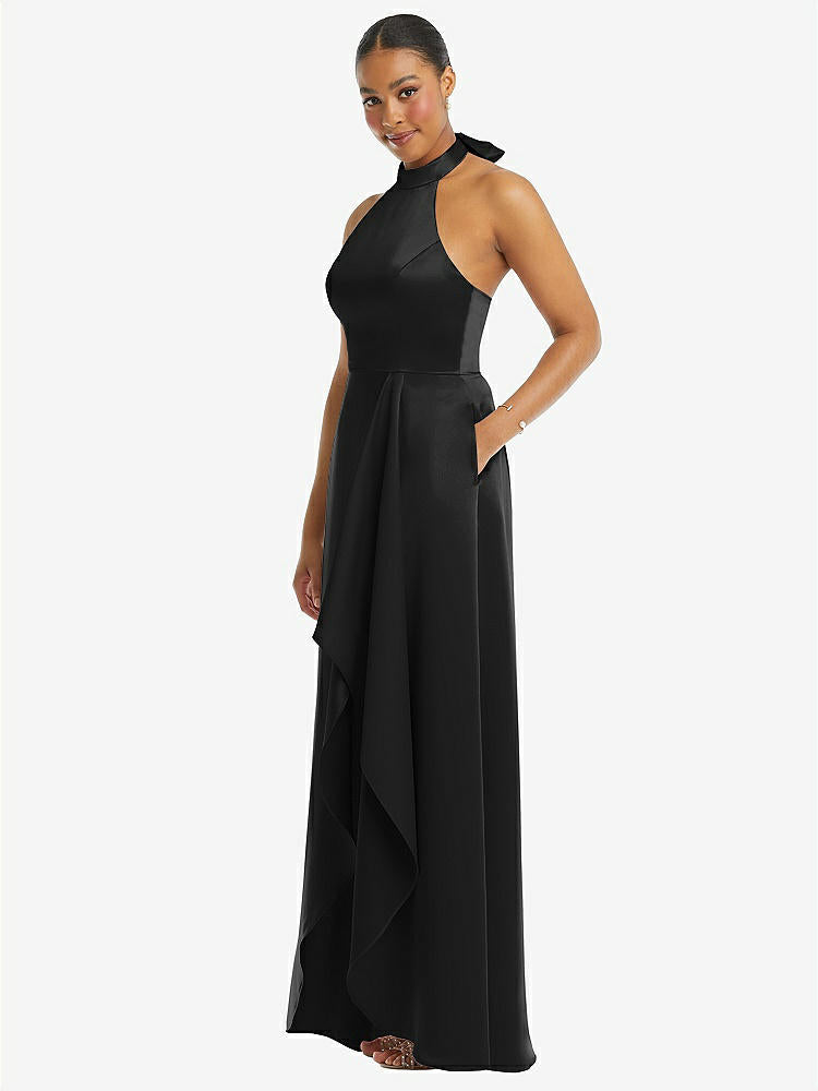 【STYLE: 3113】High-Neck Tie-Back Halter Cascading High Low Maxi Dress【COLOR: Black】