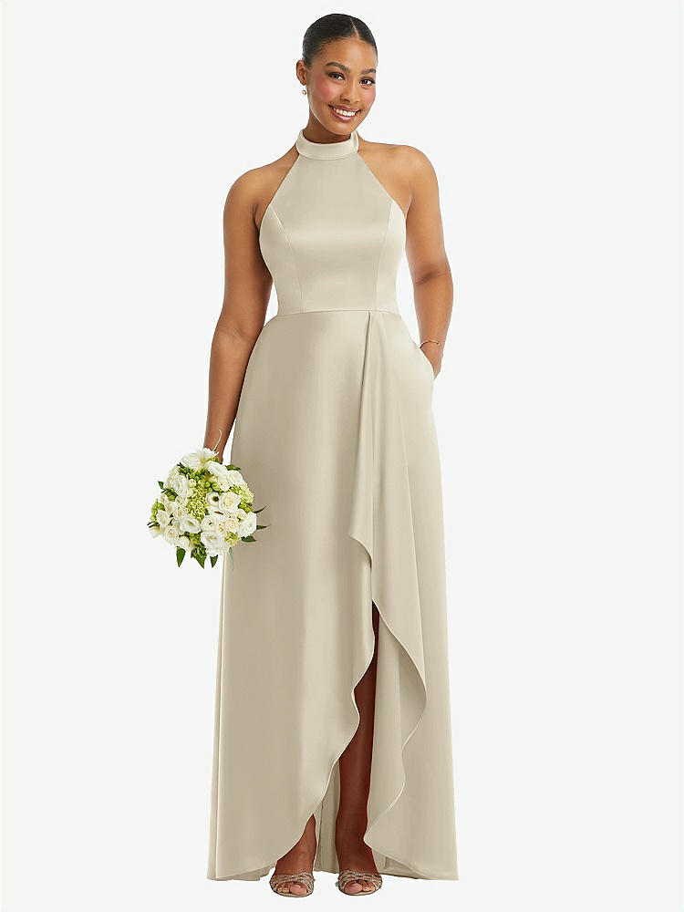 【NEW】【STYLE: 3113】ハイネック ネクタイバック ホルター カスケード 高 低 マキシ ドレス【COLOR: Champagne】【SIZE: 00-30W】