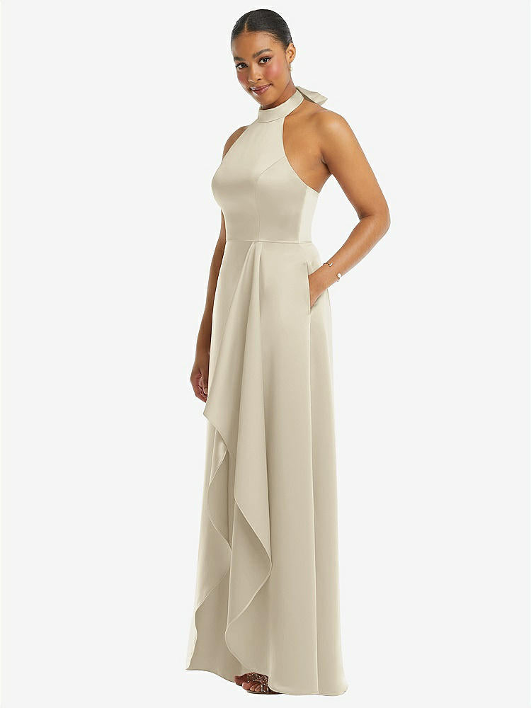 【NEW】【STYLE: 3113】ハイネック ネクタイバック ホルター カスケード 高 低 マキシ ドレス【COLOR: Champagne】【SIZE: 00-30W】