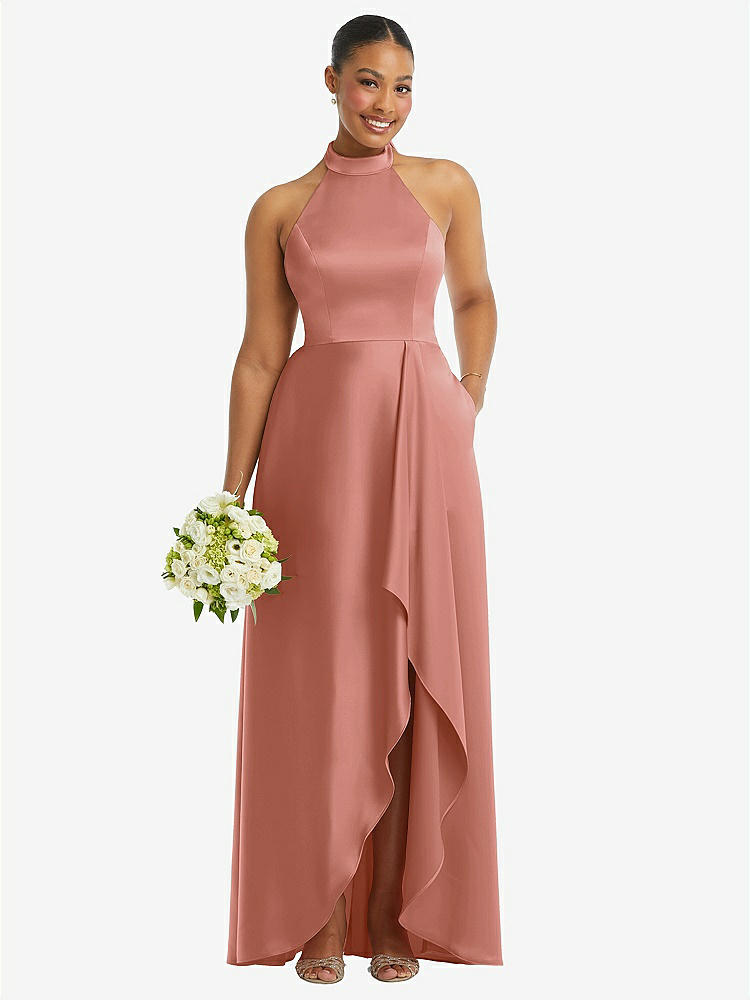 【STYLE: 3113】High-Neck Tie-Back Halter Cascading High Low Maxi Dress【COLOR: Desert Rose】