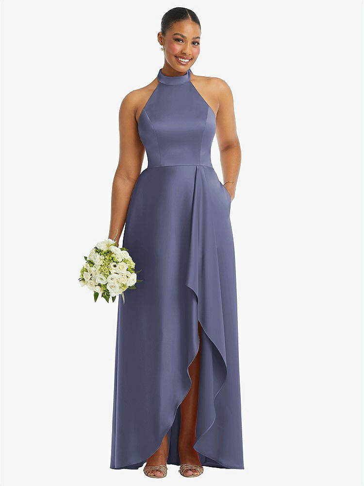 【STYLE: 3113】High-Neck Tie-Back Halter Cascading High Low Maxi Dress【COLOR: French Blue】