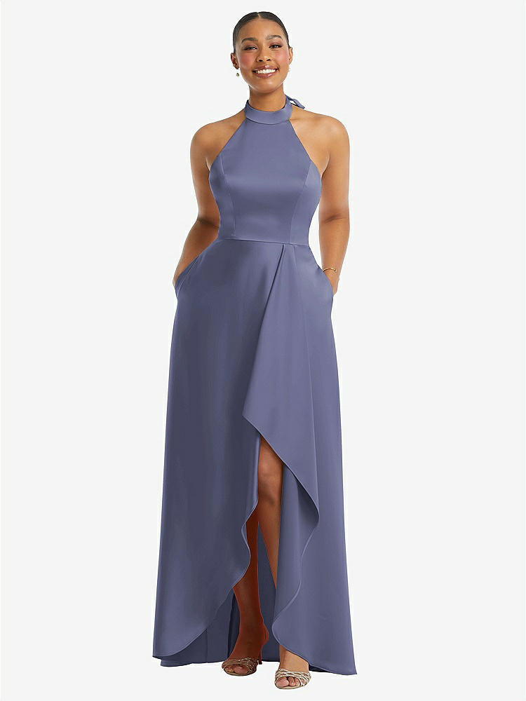 【STYLE: 3113】High-Neck Tie-Back Halter Cascading High Low Maxi Dress【COLOR: French Blue】