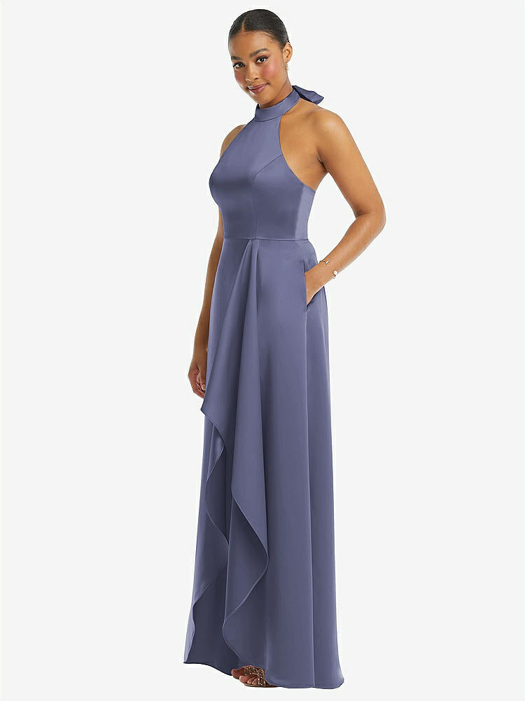 【STYLE: 3113】High-Neck Tie-Back Halter Cascading High Low Maxi Dress【COLOR: French Blue】