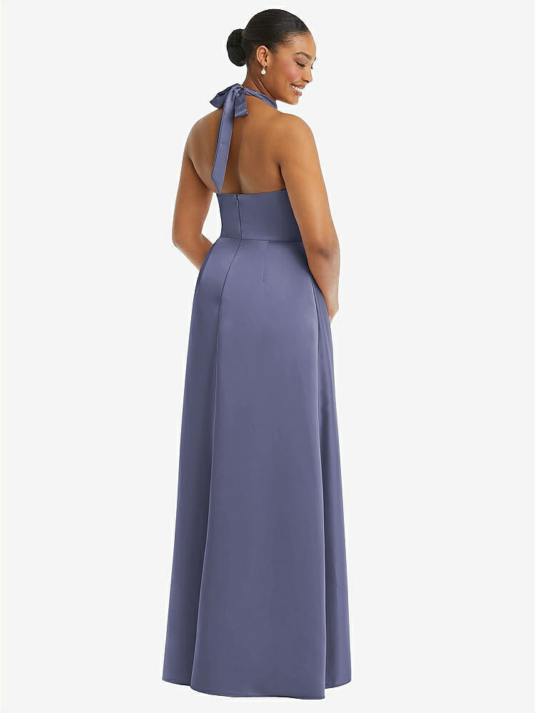 【STYLE: 3113】High-Neck Tie-Back Halter Cascading High Low Maxi Dress【COLOR: French Blue】
