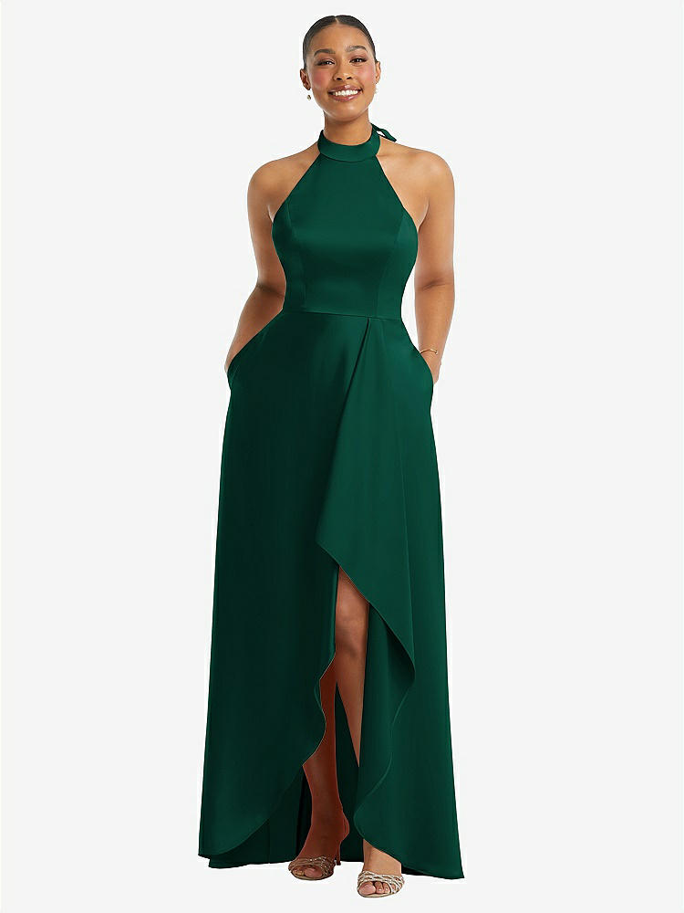 【STYLE: 3113】High-Neck Tie-Back Halter Cascading High Low Maxi Dress【COLOR: Hunter Green】