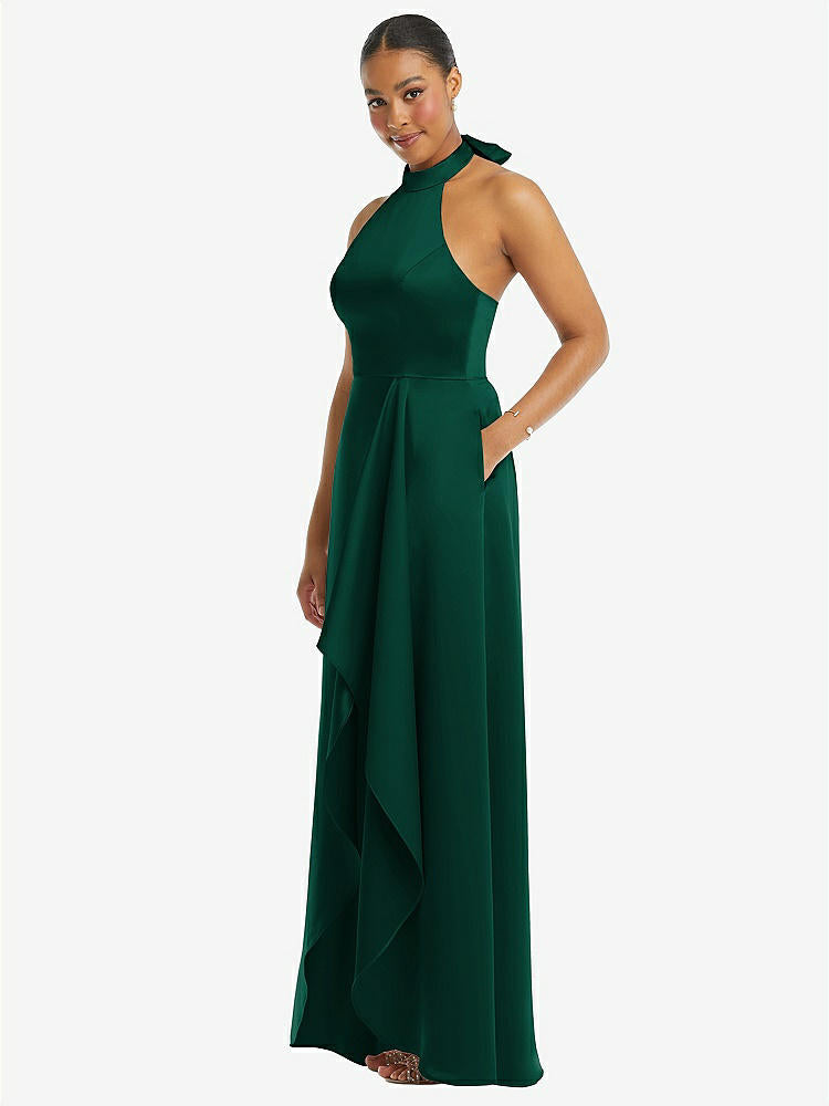 【STYLE: 3113】High-Neck Tie-Back Halter Cascading High Low Maxi Dress【COLOR: Hunter Green】